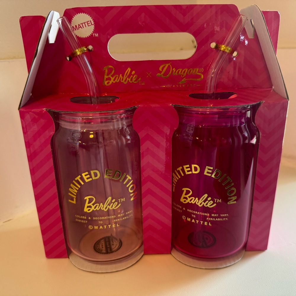 Barbie glass cups set of 2 with glass straw